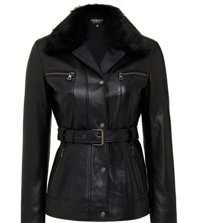 Edith Kadın Siyah Yaka Kürklü Deri Mont