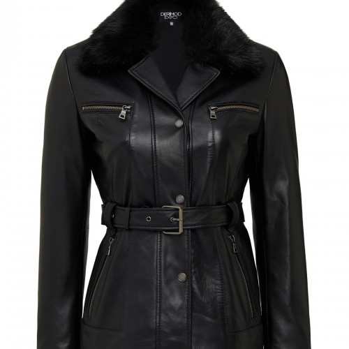 Edith Kadın Siyah Yaka Kürklü Deri Mont