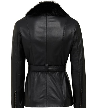 Edith Kadın Siyah Yaka Deri Mont