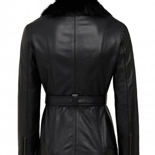 Edith Kadın Siyah Yaka Kürklü Deri Mont