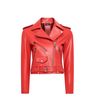 Newage Kadın Kırmızı Slim-Fit Biker Deri Ceket