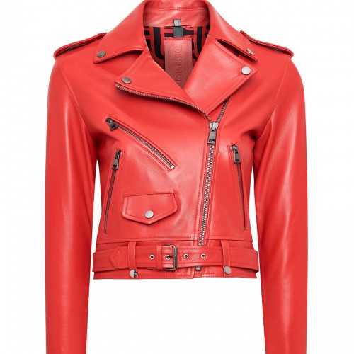 ewage Kadın Kırmızı Slim-Fit Biker Deri Ceket