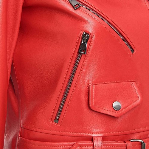 ewage Kadın Kırmızı Slim-Fit Biker Deri Ceket