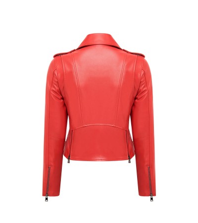 Newage Kadın Kırmızı Slim-Fit Biker Deri Ceket