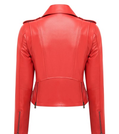Newage Kadın Kırmızı Slim-Fit Biker Deri Ceket