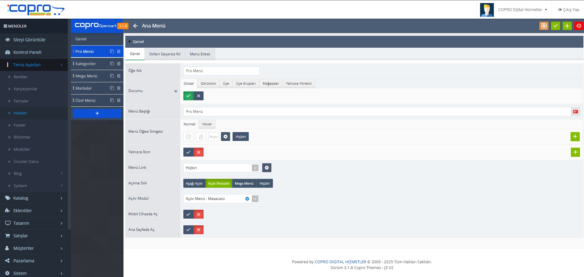 Ana Menü Değiştirme