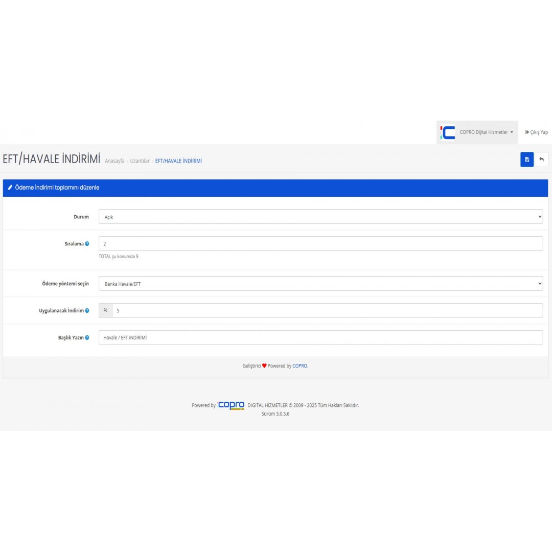 Opencart EFT/HAVALE İndirim Modülü
