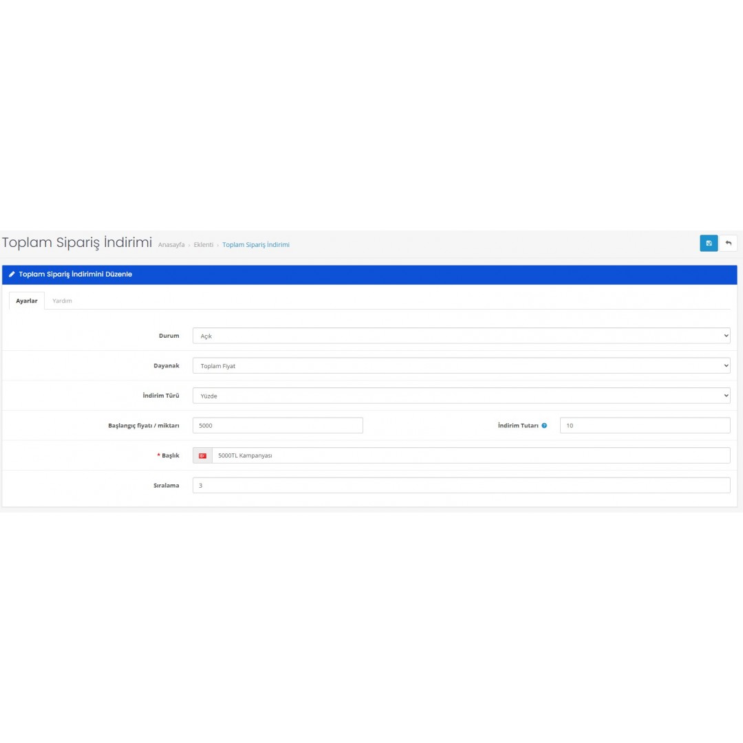 Sepette Toplam Siparişe İndirim